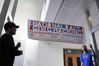 Hanging the National Day of Civic Hacking banner